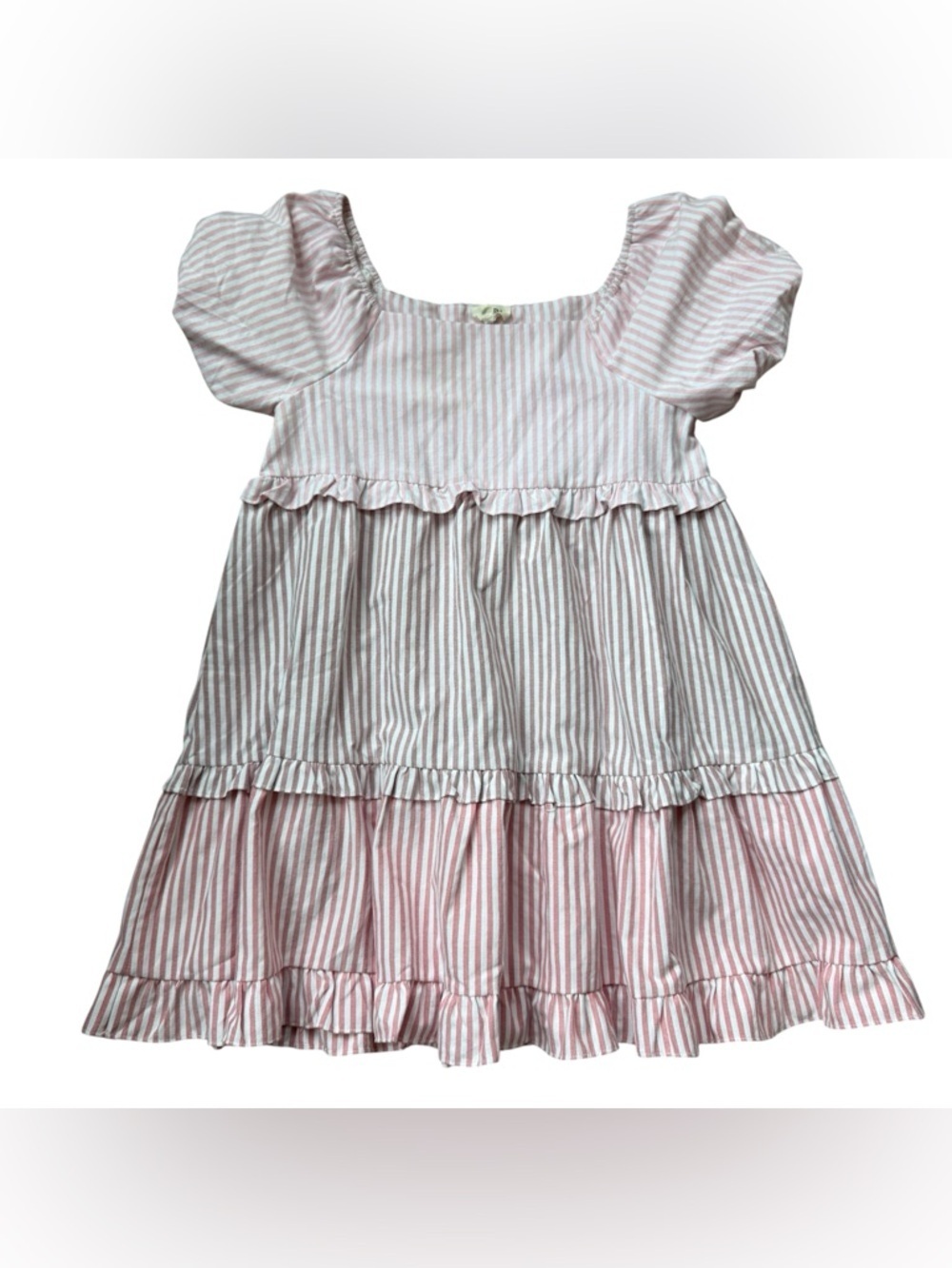 BiBi Pink White Striped Ruffle Tiered Dress Puff Sleeve Cottagecore Babydoll M